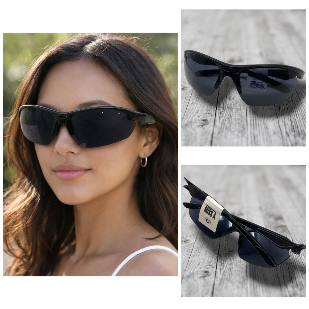 Miss A Sport Wrap Sunglasses NWT Black Shield Style Dark Lens Unisex MISS-1227